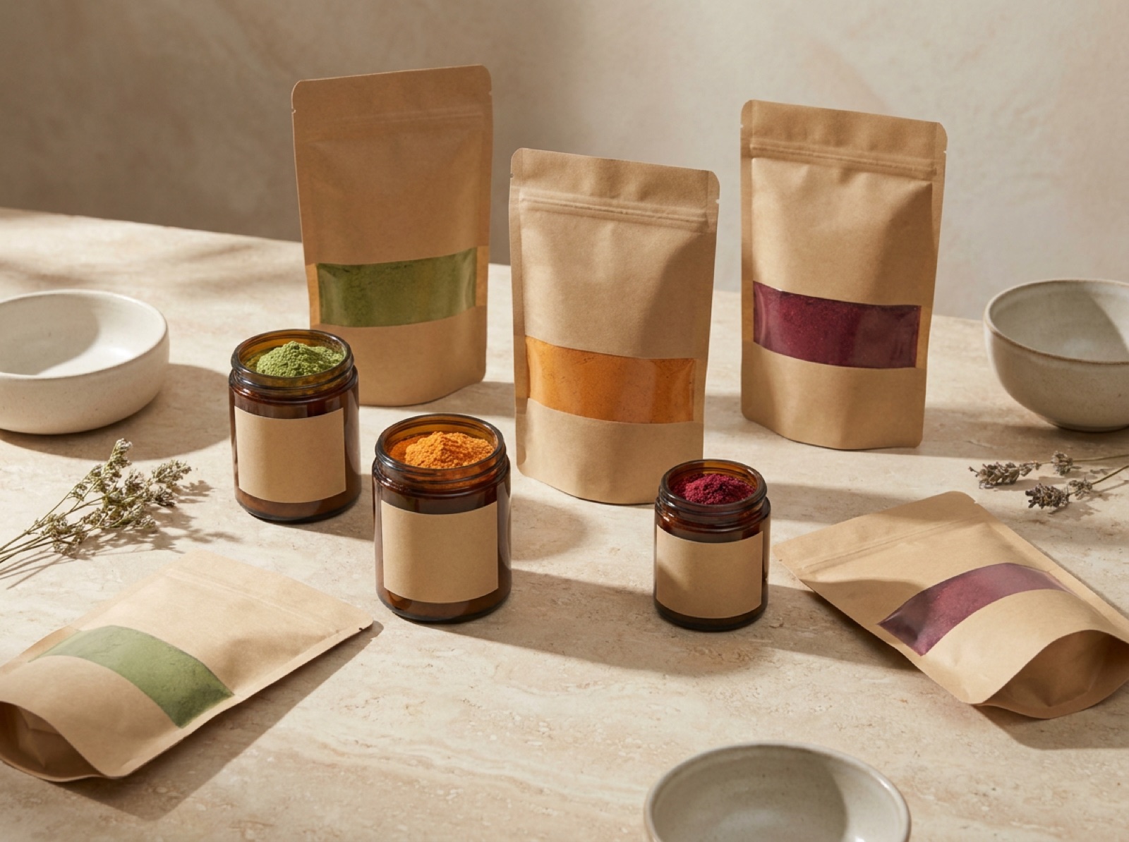 Blank-label private-label pouches and jars ready for your brand