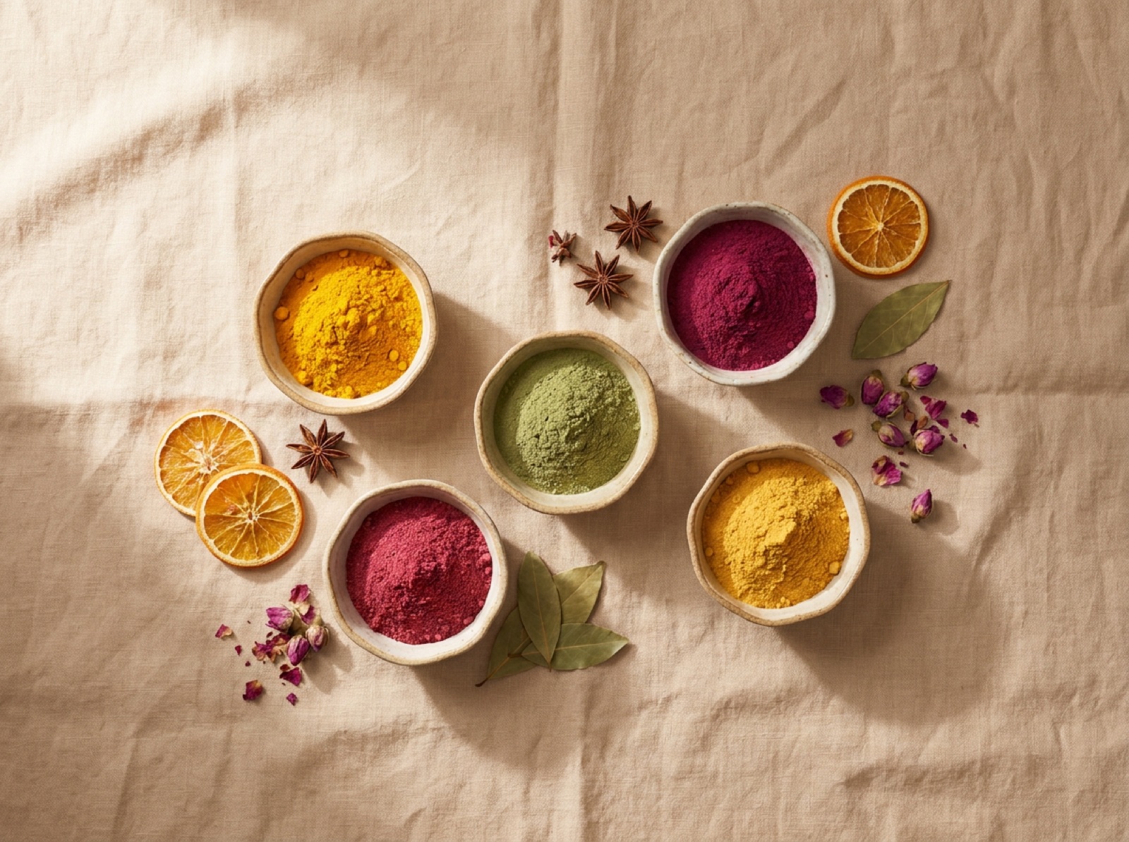 Assorted dehydrated fruit and vegetable powders in ceramic bowls