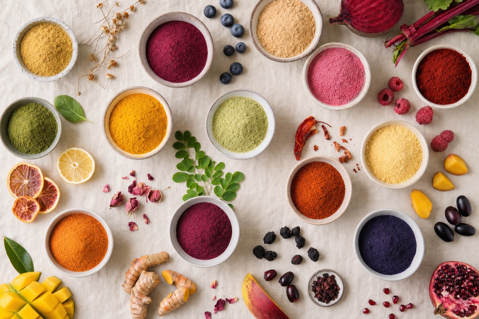 A spectrum of dehydrated powders used across food, beverage and wellness industries